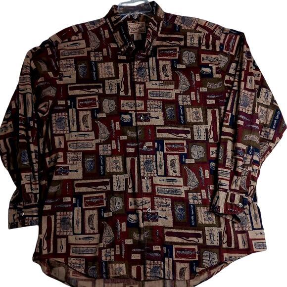 Woolrich Original Outdoor Vintage Shirt XL Red All Over Fish & Tackle Cotton - Picture 1 of 13